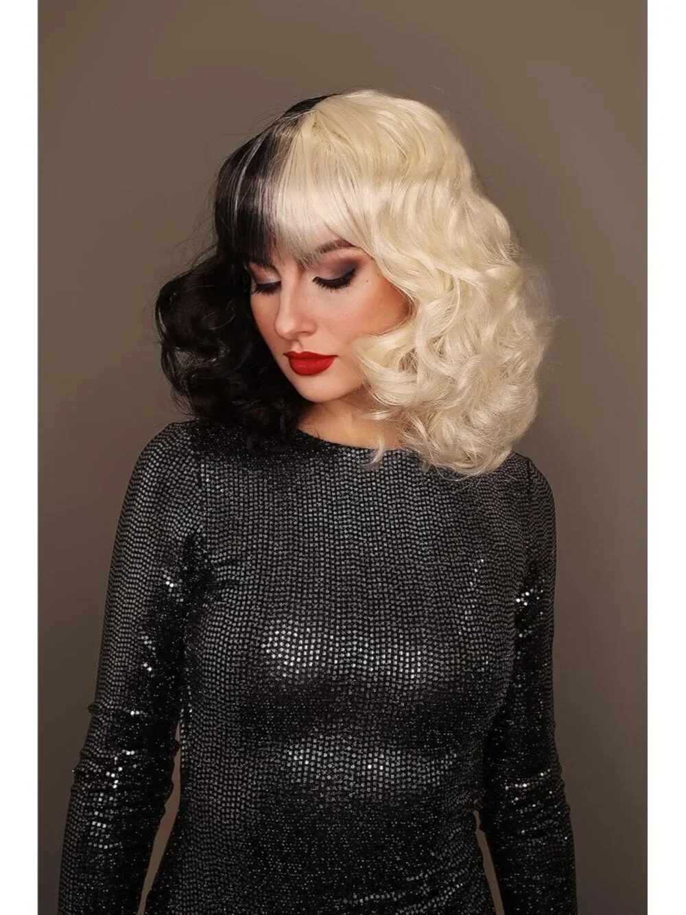 Women's Black White 10 Inch Heat Resistant Realistic Disco Long Curly Hair Wigs